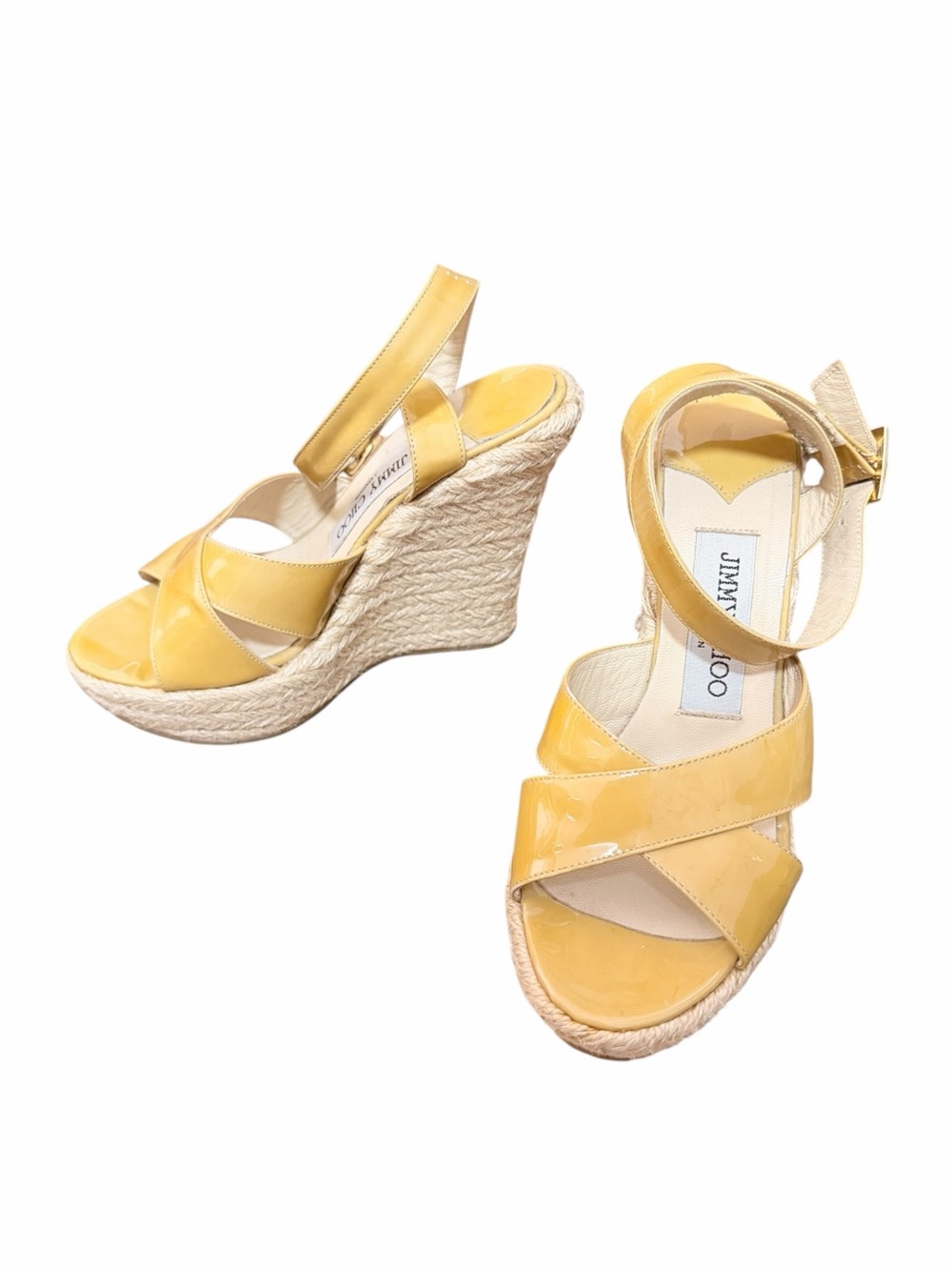 Vintage Jimmy Choo Yellow Patent Leather Espadrille Wedge Sandals Size 35
